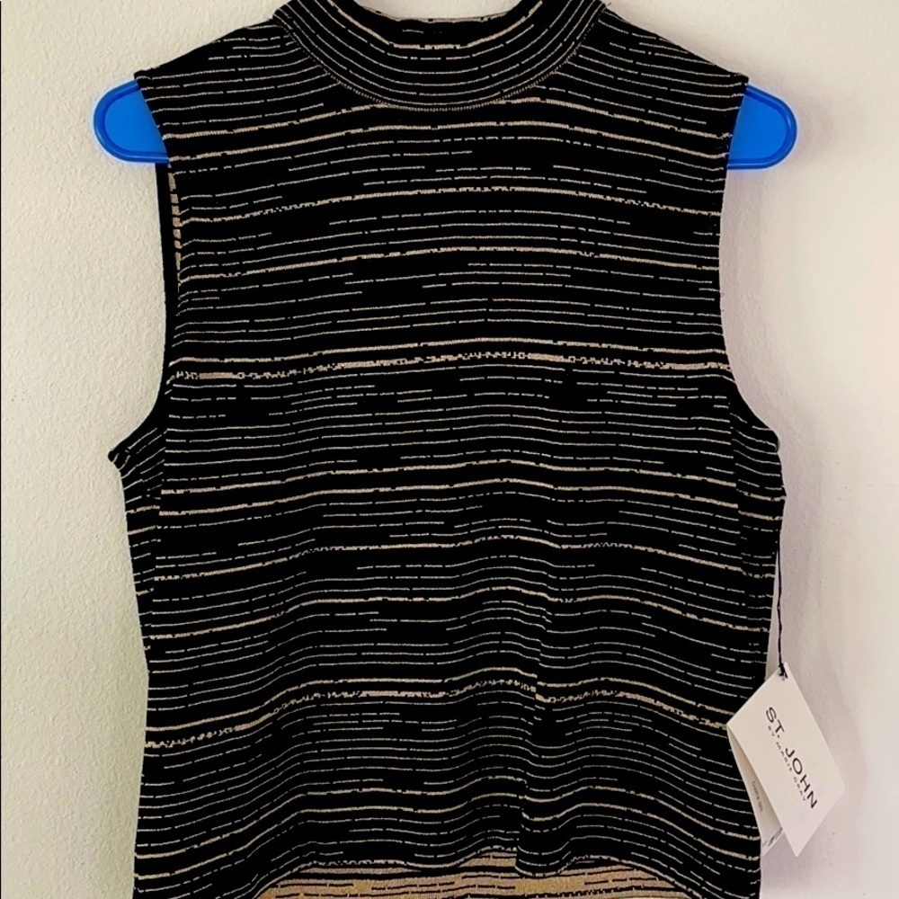 St. John black gold stripe mock neck blouse S